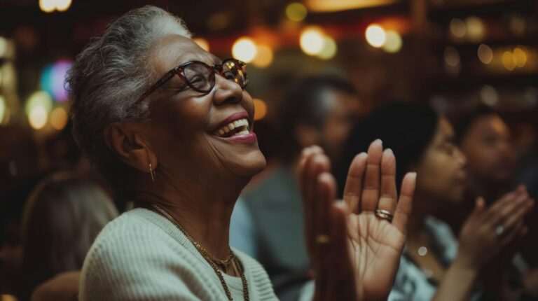 A woman with open hands and a smile raises her eyes to the sky.