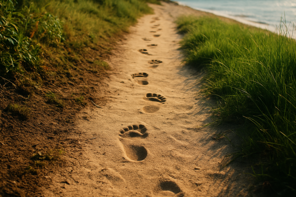 Foot prints in the sand. A pathway to new beginnings in midlife.