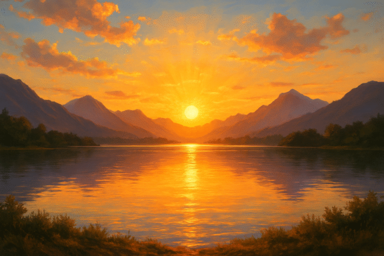 Golden sunrise over a calm lake surrounded by mountains, with warm orange light reflecting across the water and clouds glowing in the morning sky.