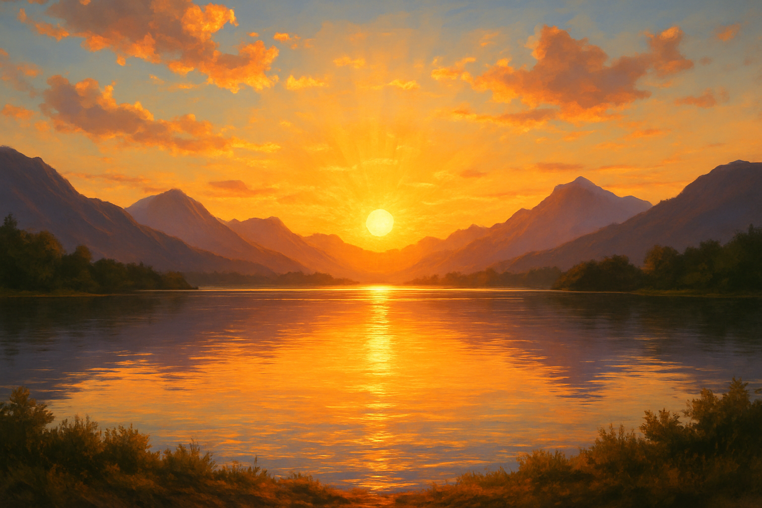 Golden sunrise over a calm lake surrounded by mountains, with warm orange light reflecting across the water and clouds glowing in the morning sky.