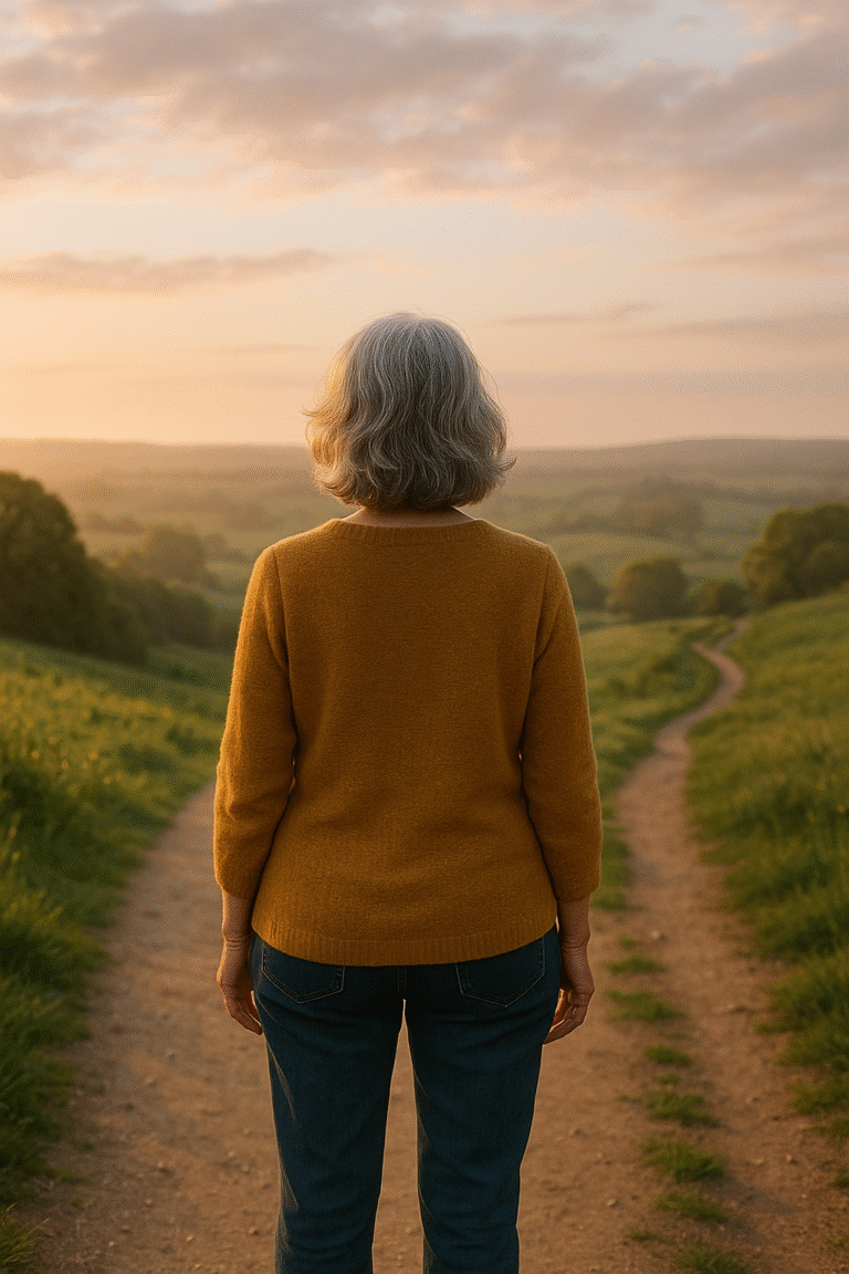 Woman in 50's or 60's staring at a path